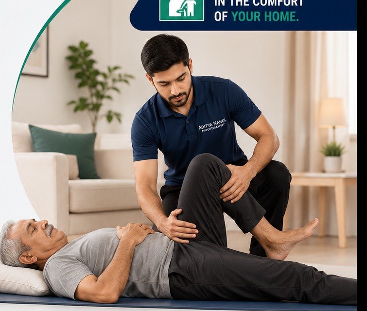 Male physiotherapist providing home visit physiotherapy to an elderly patient
